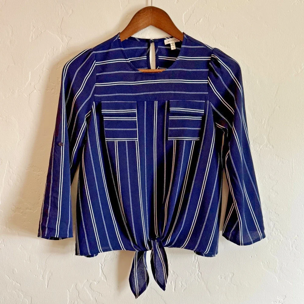 Monteau Los Angeles Size Large Juniors Blouse - Navy Striped Pockets Tie Front